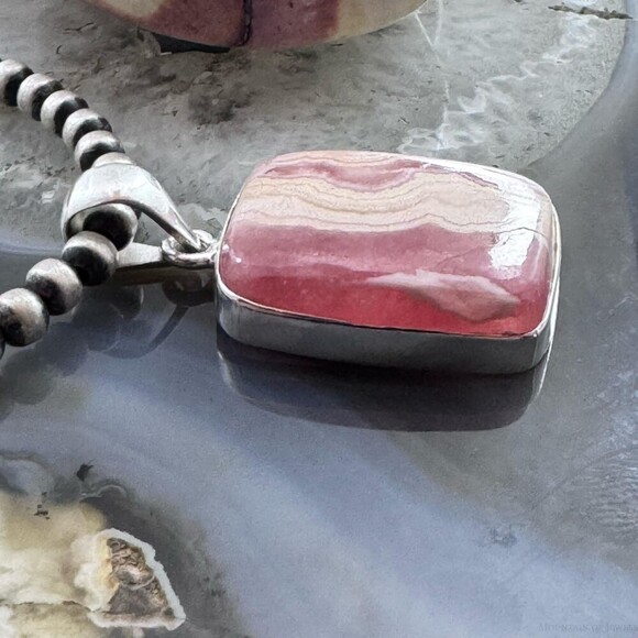 Sterling Silver Southwestern Style Rectangle Rhodochrosite Pendant For Women - Picture 3 of 10